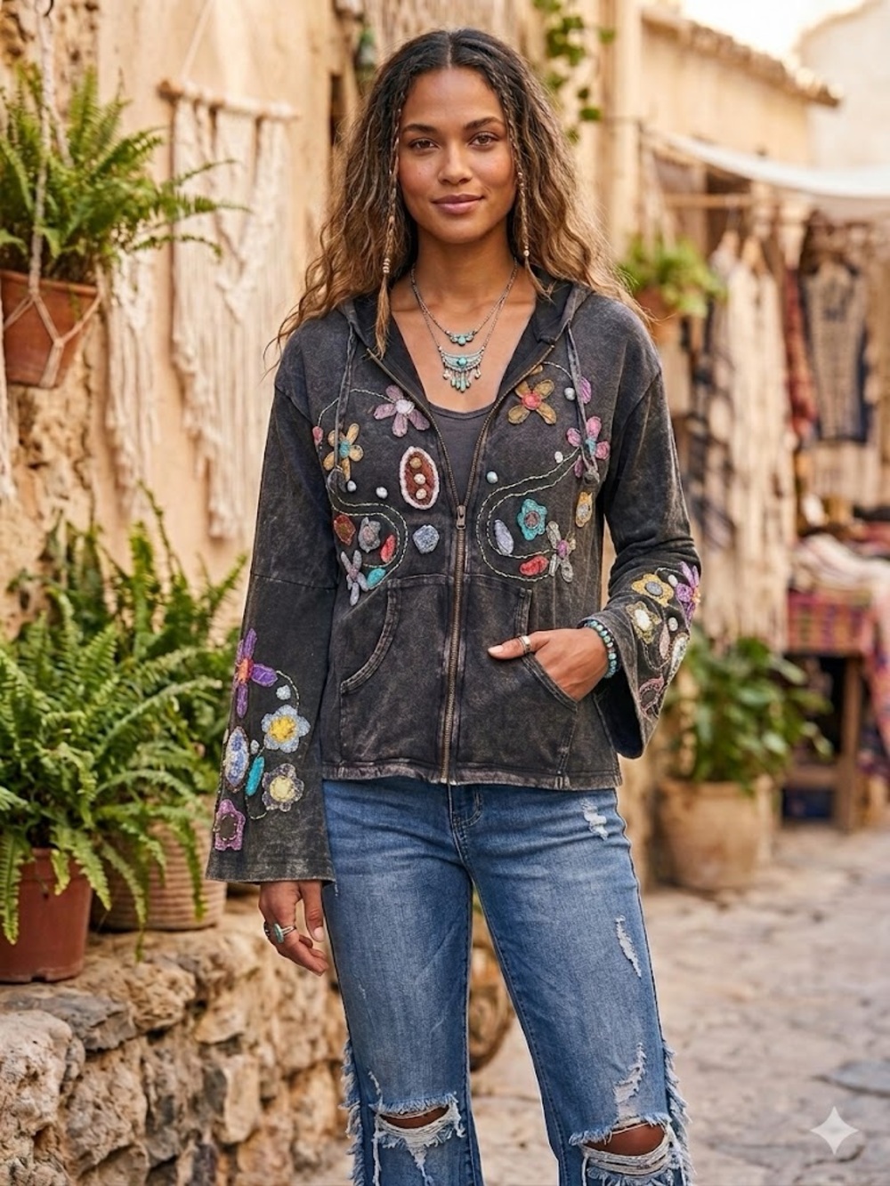 ✨Kathmandu Embroidered Floral Zip-Up Hoodie Distressed Black slight flare XL